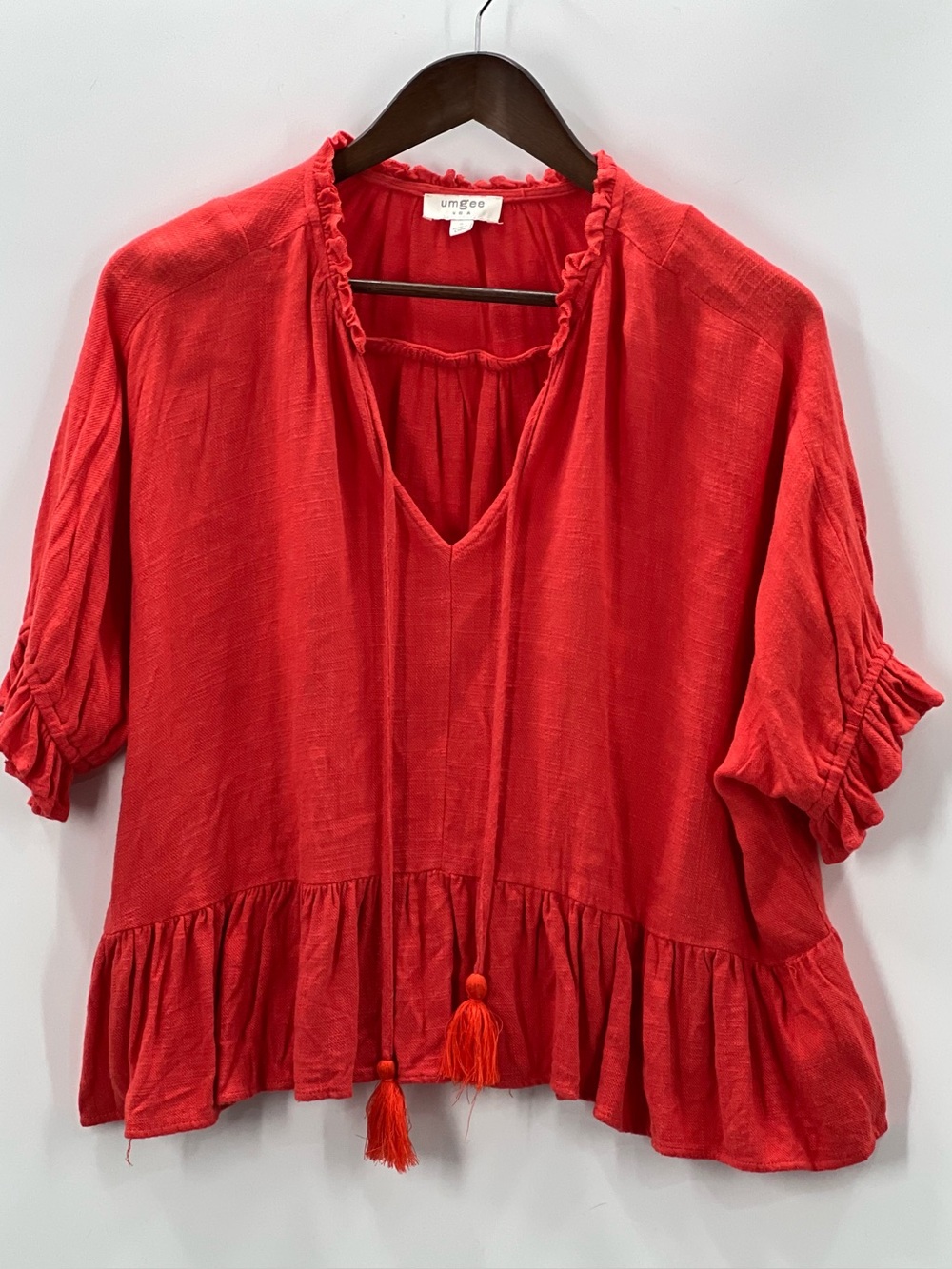 373 Umgee Small Red V-Neck Tassel Peasant Top